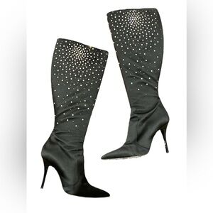 Rene Caovilla / black satin studded rhinestone heeled high pearl  Boot 39.5 9.5